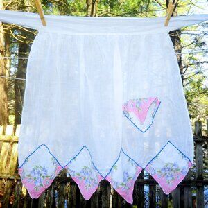 VTG Fancy White Illusion Hostess Half Apron Floral Handkerchief Hem Cottagecore